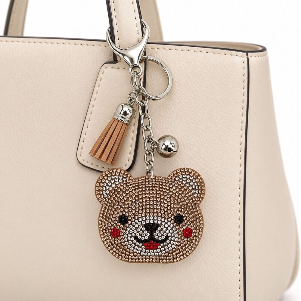 Rhinestone Teddy Bear Bag Charm Keychain Brown Tassel Purse Accessory New